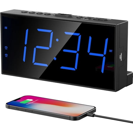 Large Display Alarm Clock for Bedroom, Easy to Read 7.5 LED Clock with Big Numbers, Dual Alarm for Couples, 5-Level Dimmer, Loud Alarm for Heavy Sleepers, USB Charger, Plug-in with Battery Backup