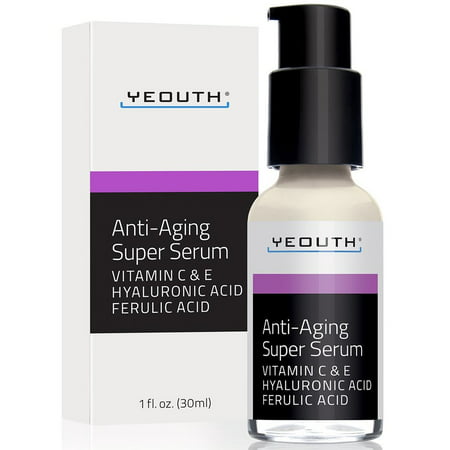 Anti-aging Super Serum, Ferulic Acid, Vitamin C, Vitamin E, Hyaluronic Acid by YEOUTH. Night Cream and Day Cream. Face Cream Reduces Visible Signs Of Aging, Wrinkles, Fine Lines, Unscented -