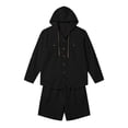 thumbnail image 4 of Casual Spring Outfits for Men 2 Piece Linen Long Sleeve Hoodie Button Down with Pocket and Matching Shorts Set Size 3XL Black, 4 of 9