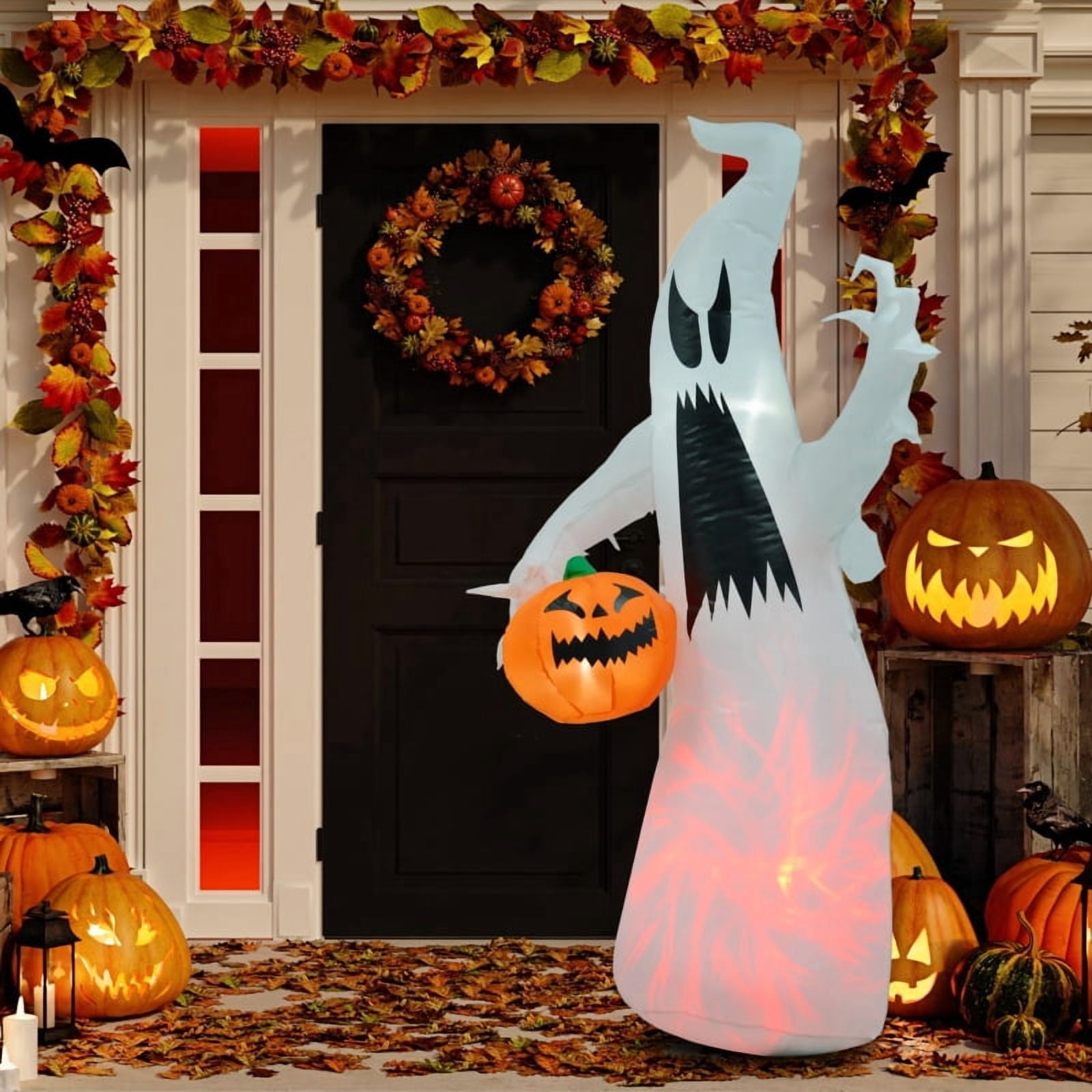 Alvantor Halloween Decoration Inflatables Ghost with Pumpkin, Waterproof Blow Up LED Yard Decor, 41.25"x25.5"x70.75" White