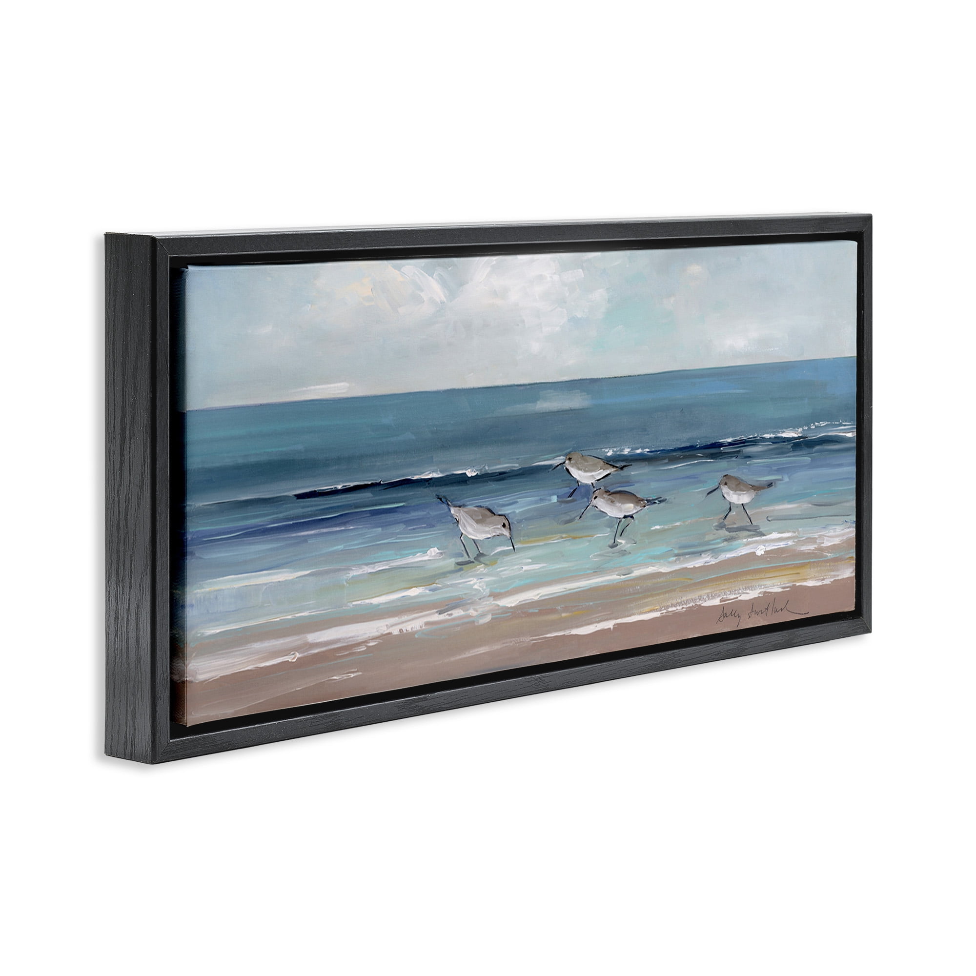 Stupell Industries Sandpipers with Cloudy Sky Nature Painting Black Floater Framed Canvas Art Print Wall Art, 31 x 14