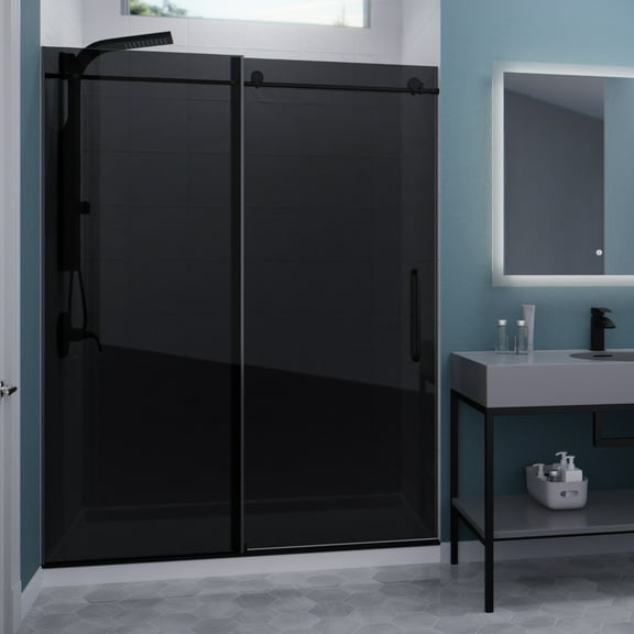 76" H x 60" W Sliding Frameless Shower Door Matte Black w/ Tinted Glass