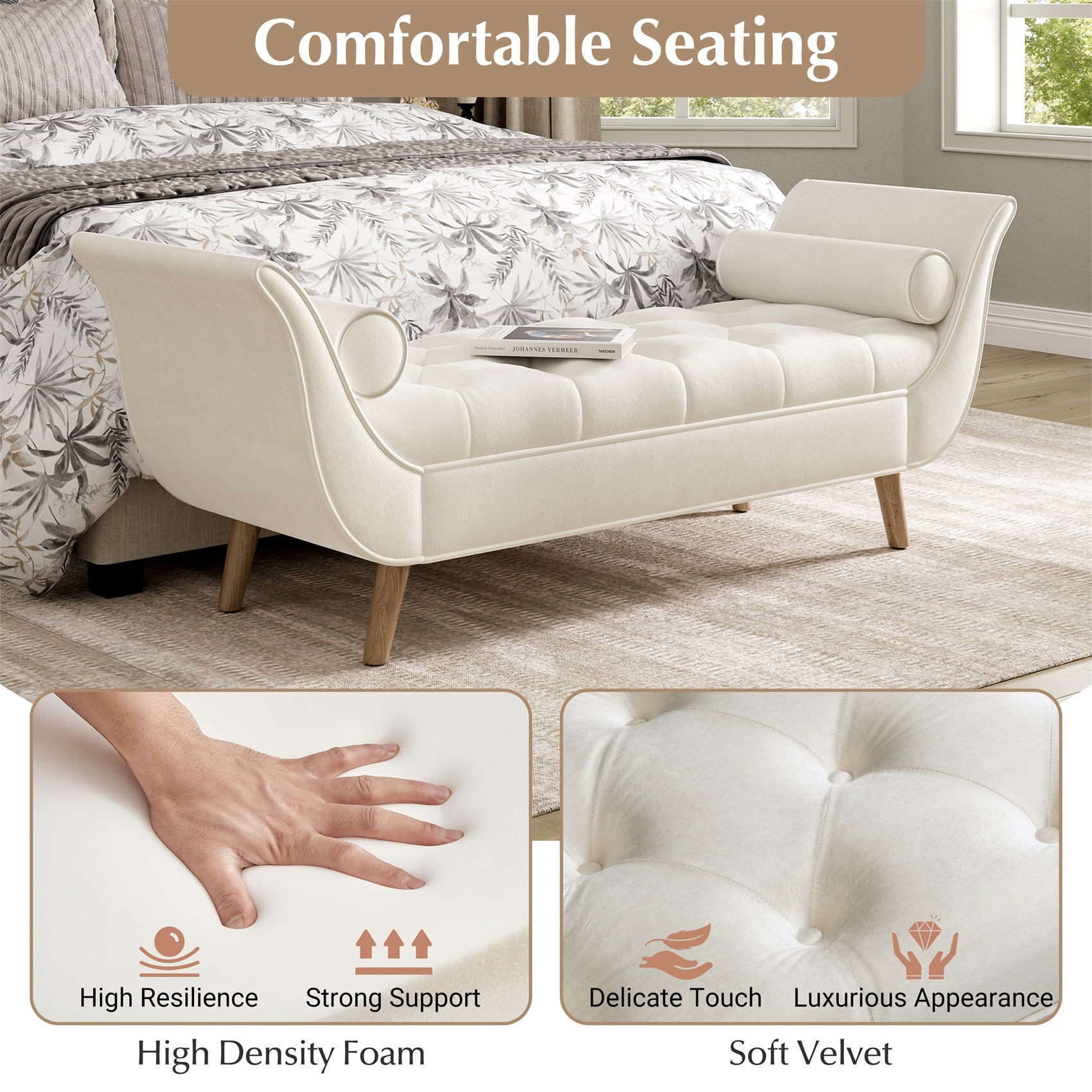 Alvantor Button Tufted End of Bed Benches Velvet Upholstered Bench with Pillows for Bedroom,Living Room, Entryway Beige