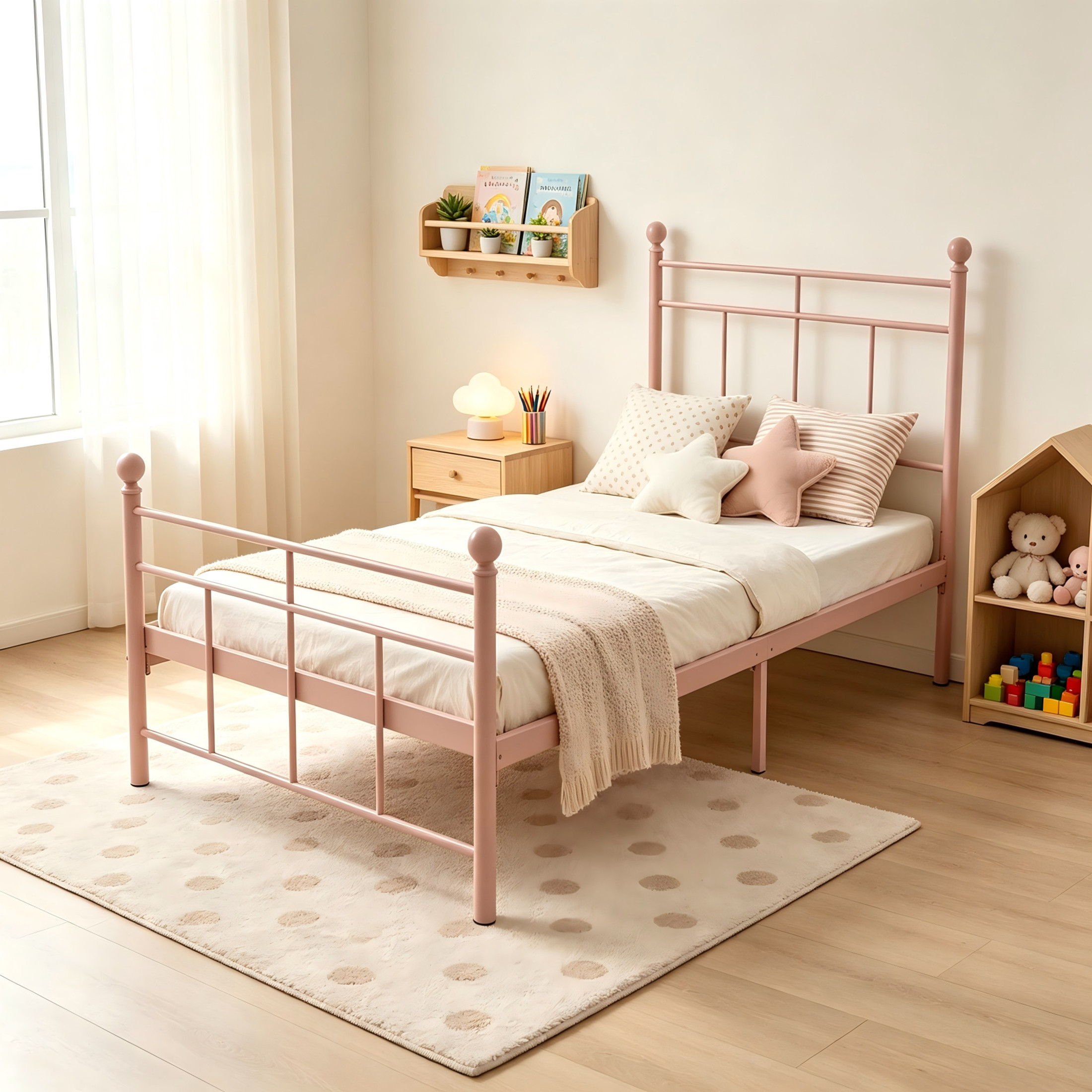 GDF Studio 78.5" Twin Heavy-Duty Metal Platform Bed with Sturdy Support Slats, Pink