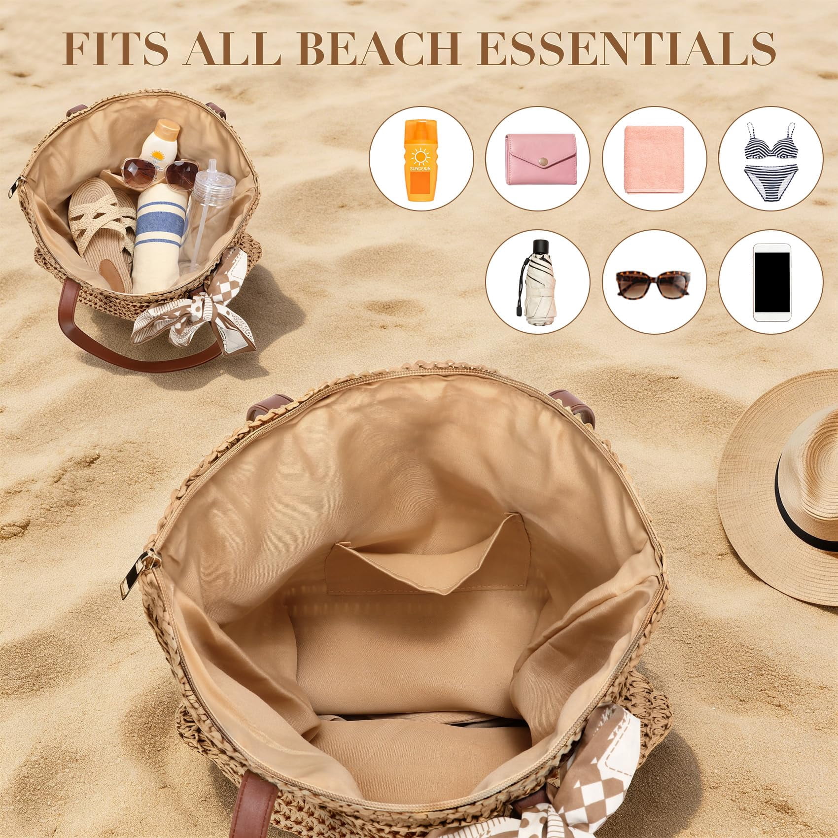 Summer Beach Crochet Bags for Women Knit&Straw Woven Tote Soft Fabric Boho Shoulder Bag for Vacation Shopping