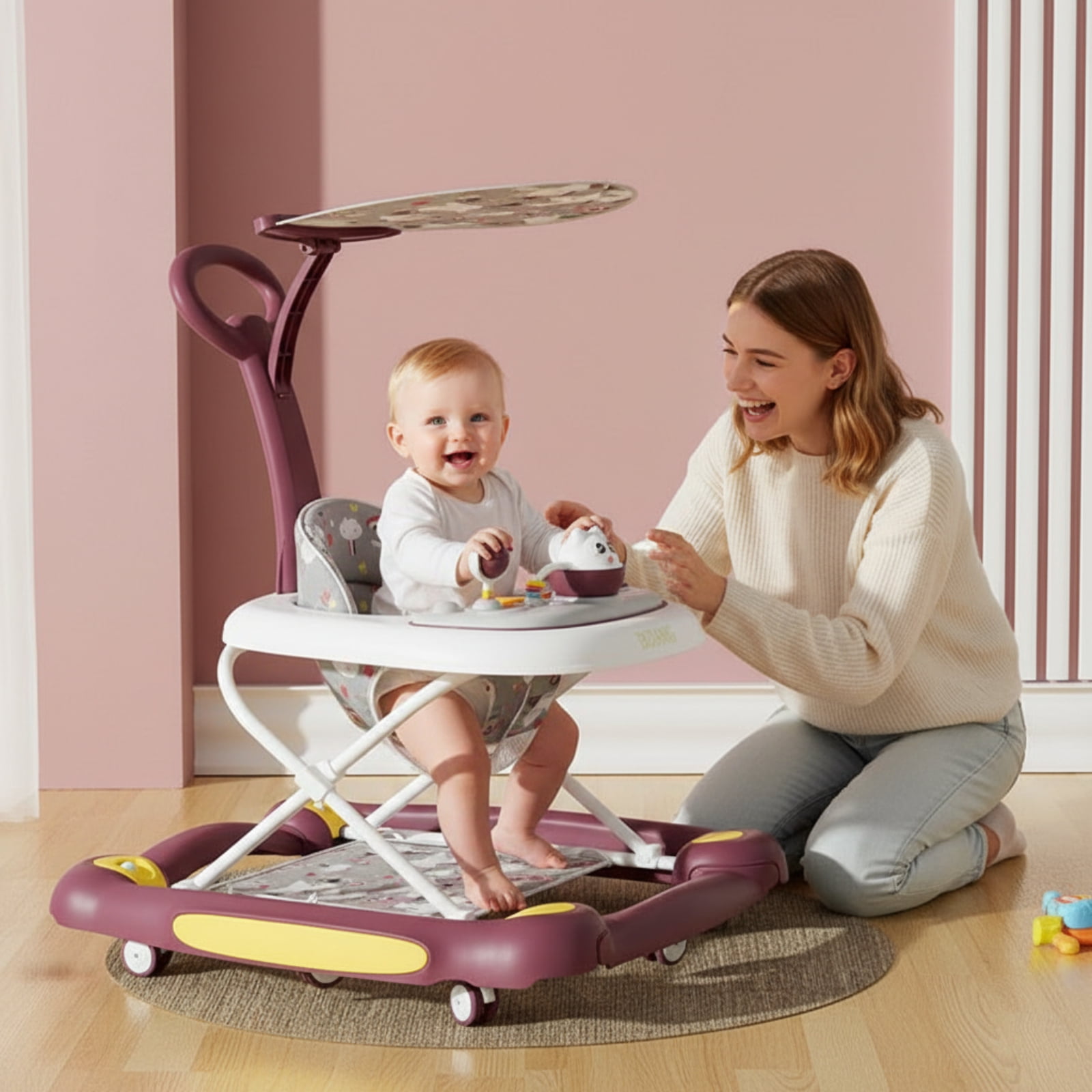 JUANYU Baby Walker,3-in-1 Multi-Functional Folding Walker with 3 Height Adjustable Settings,for Toddlers 6-18 months,Red