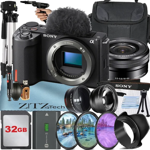 Sony ZV-E10 II Mirrorless Camera (Black) with 16-50mm Lens + 32GB Card + Case + Wideangle + Telephoto + ZeeTech Accessory Bundle