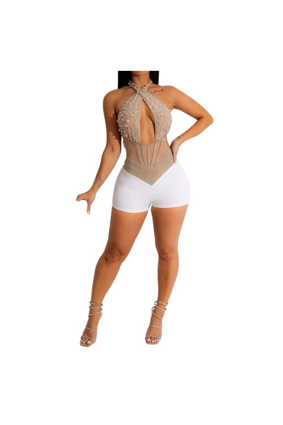 Stylish Women's Plus Size Sleeveless Jumpsuit Featuring Elegant Netting Rhinestones And Beads For A Summer Shorts Romper Outfit