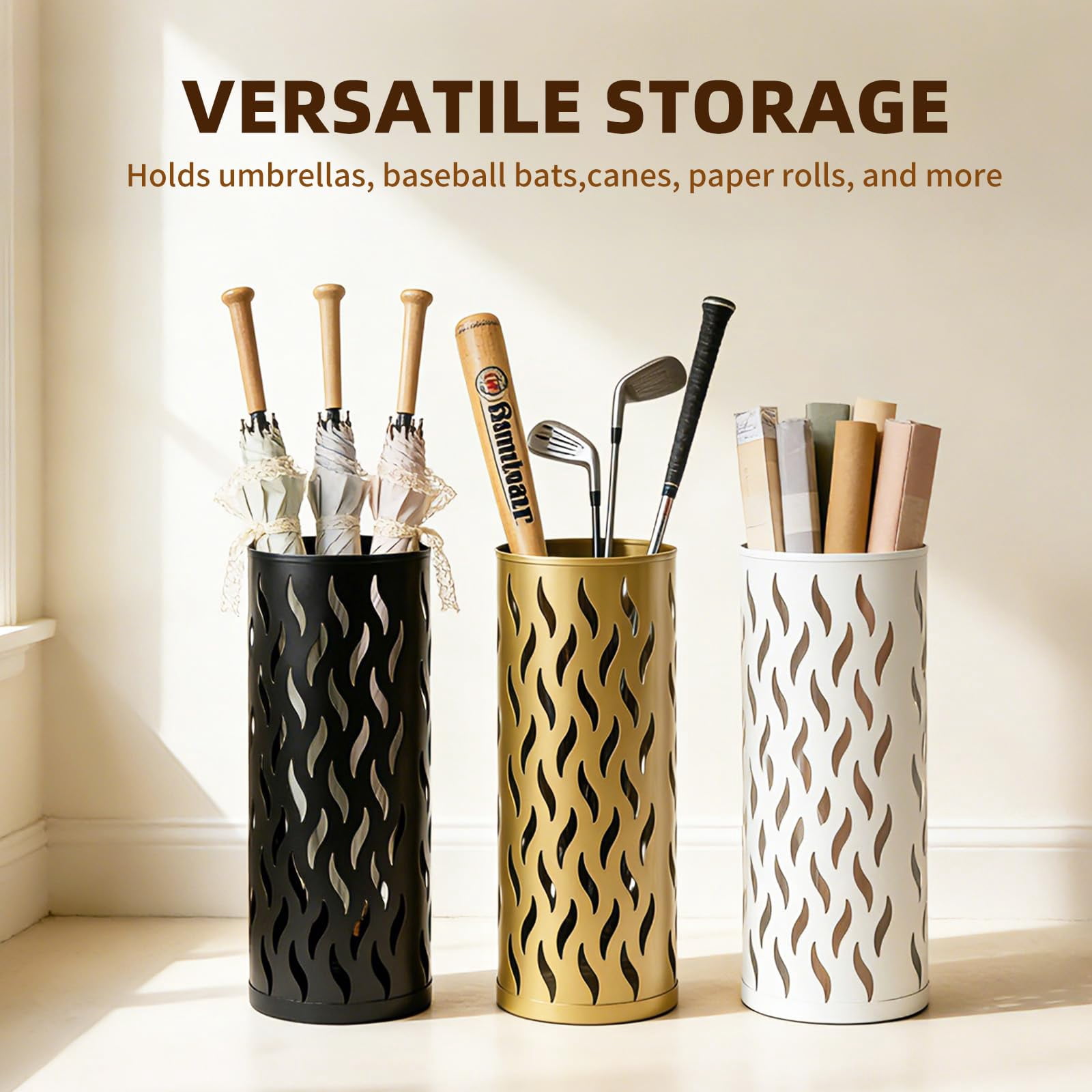 Umbrella Holder, Metal Umbrella Stand for Entryway, Umbrella Storage Rack with 4 Hooks Decor, Home, Office,5.8 × 5.8 × 16.4 (Black)