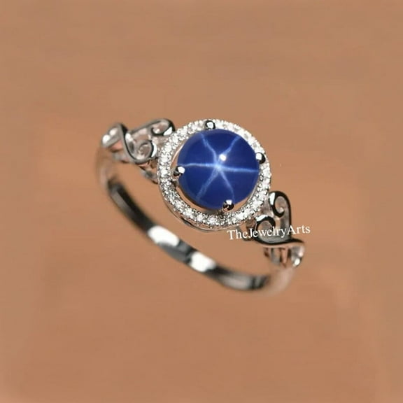Sterling Silver Blue Star Sapphire Proposal Ring Vintage Women Lindy Star Sapphire Cabochon Ring