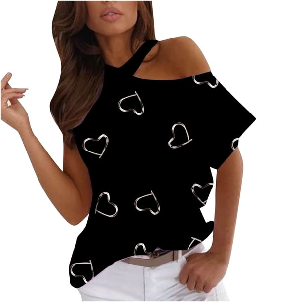 Camiseta informal para mujer, blusa estampada de manga corta con cuello redondo y hombros descubiertos Fridja ghk3131