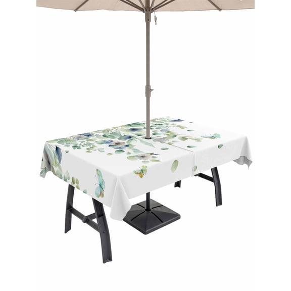 Outdoor Tablecloth with Umbrella Hole for Patio/Picnic/Party/Camping, Sage Green Eucalyptus Waterproof Table Cloth Rectangle Table Cover Washable, Weeping Botanical Farmhouse Leaves (60"x 120")