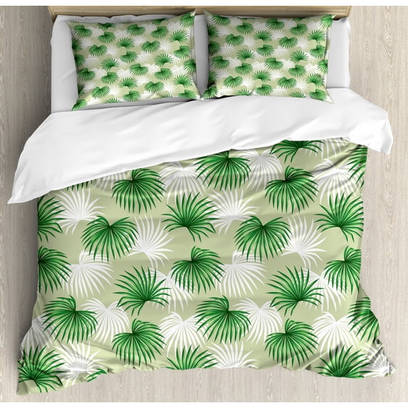Leaf Queen Size Duvet Cover Set, Tropical Leaf of Palm Tree Livistona Rotundifolia Island Jungle Foliage, Decorative 3 Piece Bedding Set with 2 Pillow Shams, Green Pale Green White, by Ambesonne