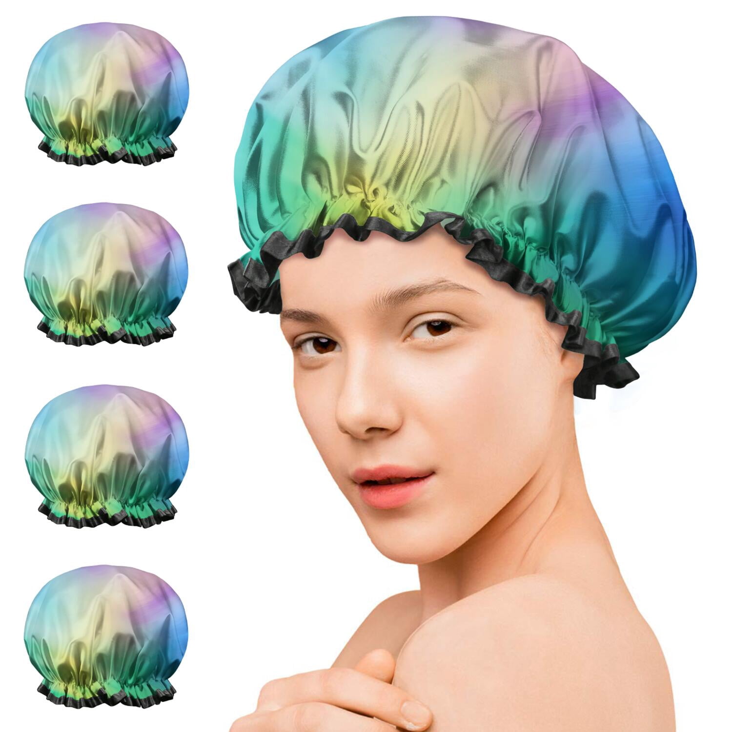 Shower Caps,Rainbow Tie Dye Cloud Waterproof Shower Cap for Women 4 Pieces,Double Reusable Hair Cover for Shower PEVA Elastic Stretch Hem