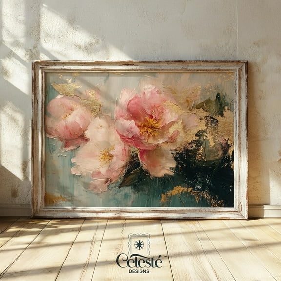 Gold Leaf Peonies Print, Abstract Cottagecore Floral Wall Art Home Decor #877, 8x12 UNFRAMED