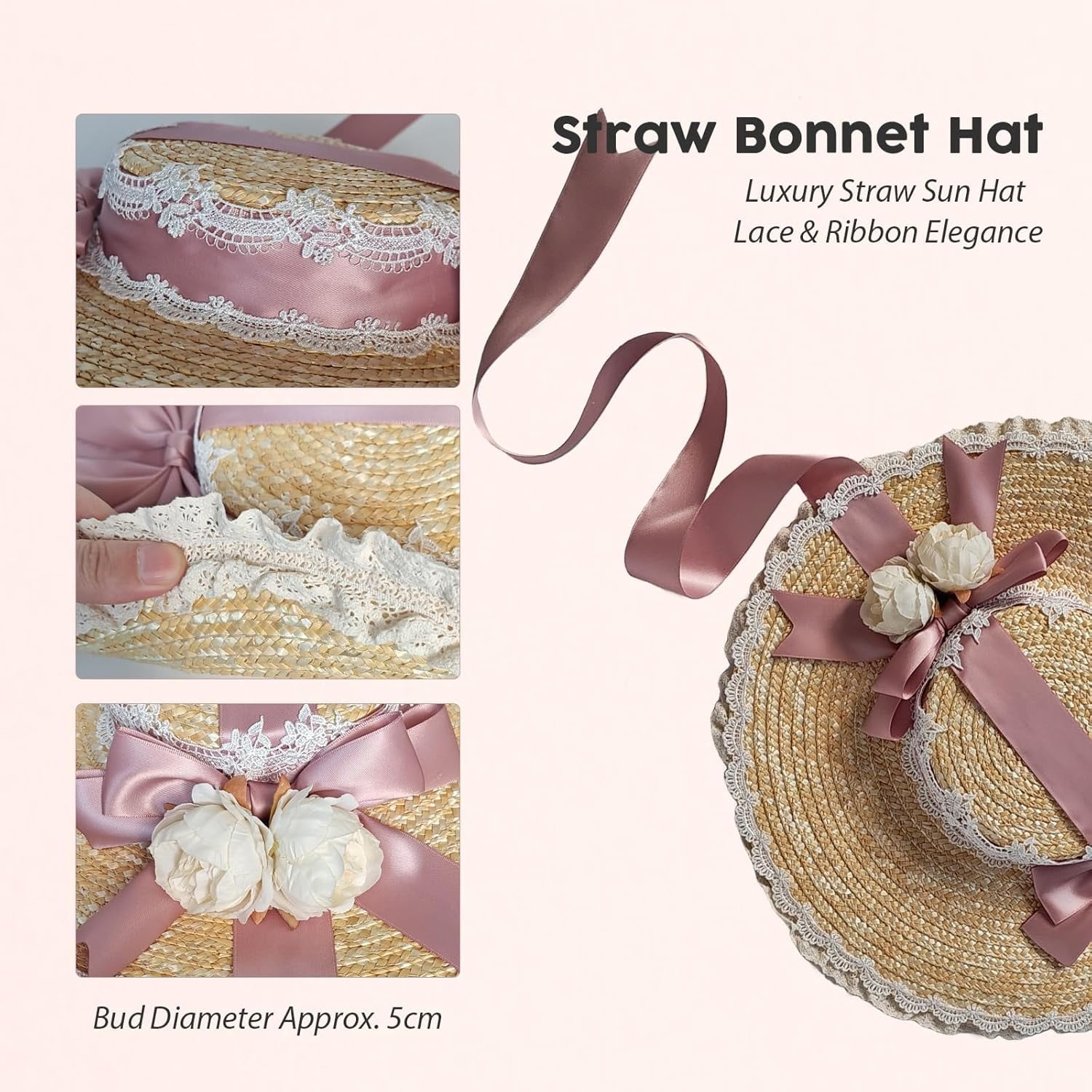 Kukuzhu Women Victorian Tea Party Sun Hat, Lolita Bows Flower Ribbon Flat Straw Hat Summer Beach Bonnet Cap for Travel