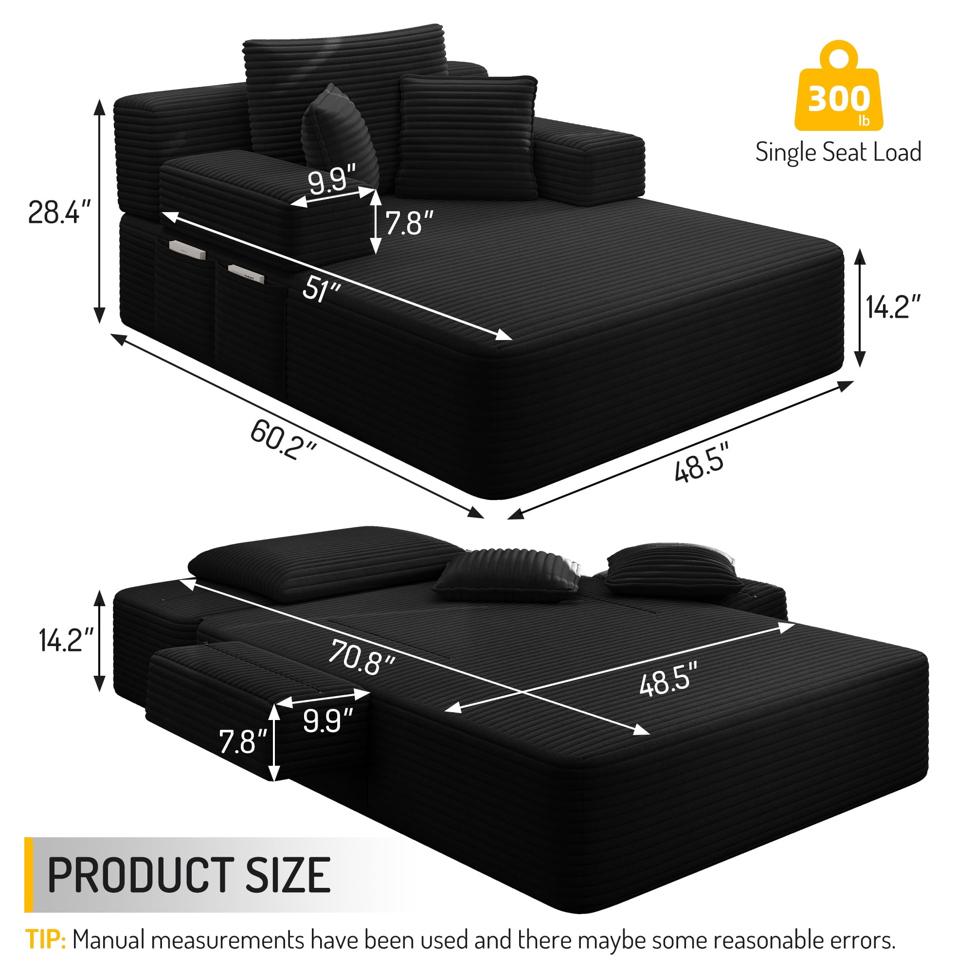 Alvantor Oversized Corduroy Convertible Chaise Lounge Sofa Bed, Black
