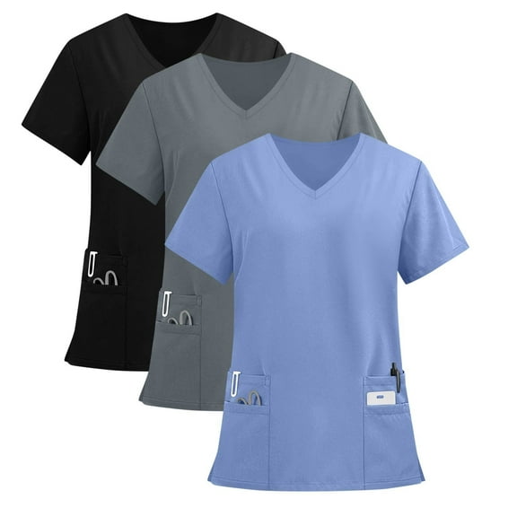 Scrubs For Women, 3Pc Scrubs V Neck Short Sleeve Plus Size Overalls With Double Layer Pockets Work Tops 4Th Of July Outfits Women Dress Shirts Tops Tank (L, Blue) ZMTing