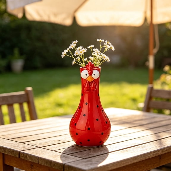 Clearance Funny Rooster Flower Vase 7.9 Inch, Red Polka Dot Chicken Head Resin Vase, Whimsical Farmhouse Centerpiece for Kitchen, 1 Pack