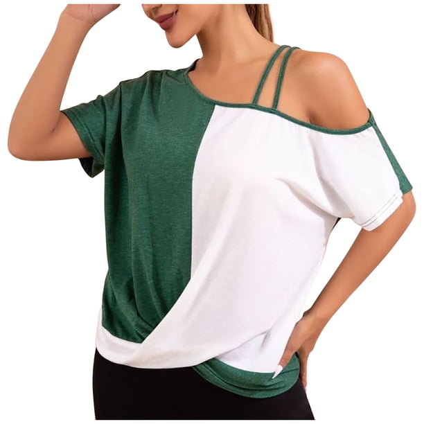 Tops de Hombro Frío para las Mujeres Color Coincidencia Manga Corta Irregular, Camiseta de Hombro para el Verano