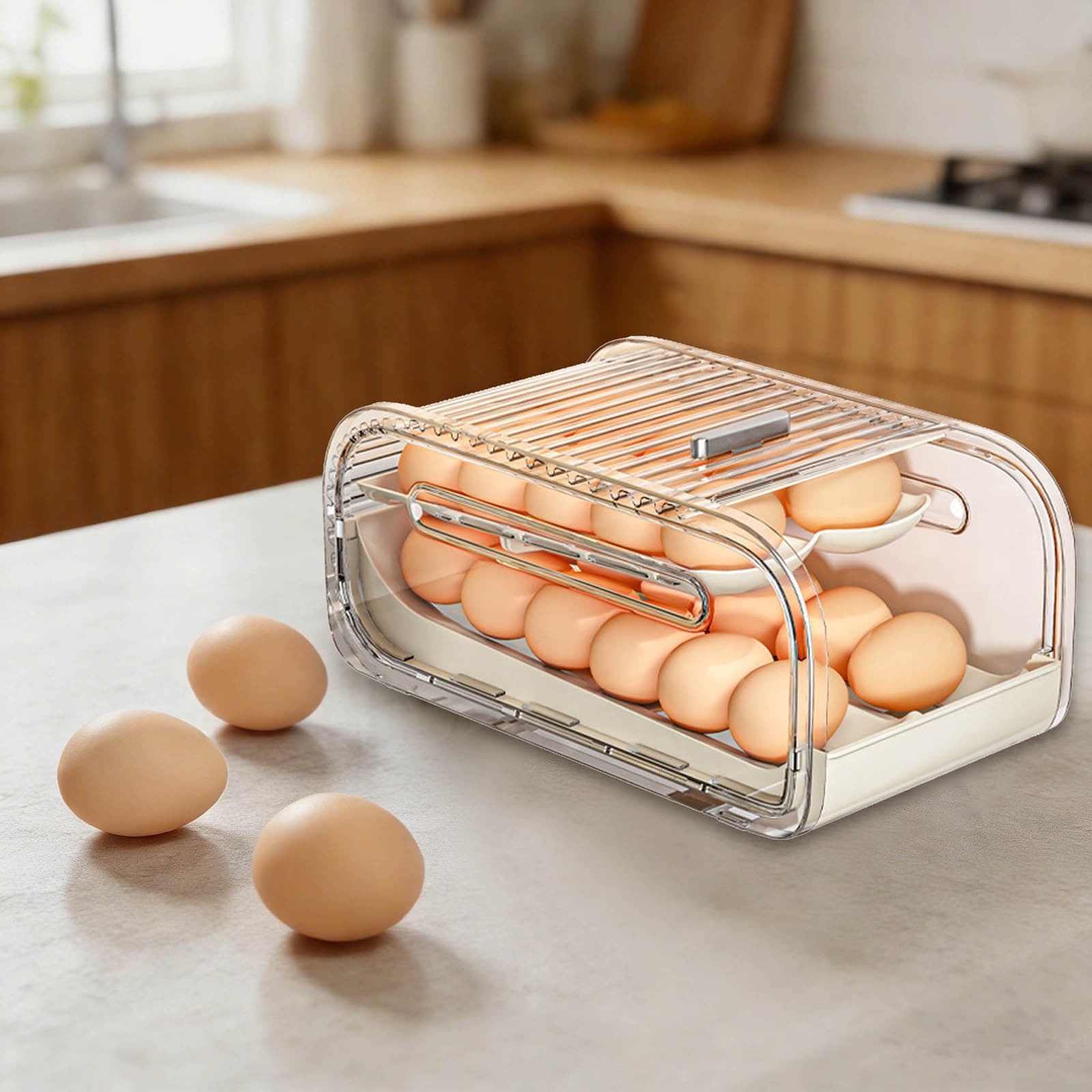 Refrigerator Egg Storage Rack Organizer - Automatic Rolling Rotating Egg Holder, Space Saving Expandable Kitchen Fridge Shelf for Eggs & Food Containers