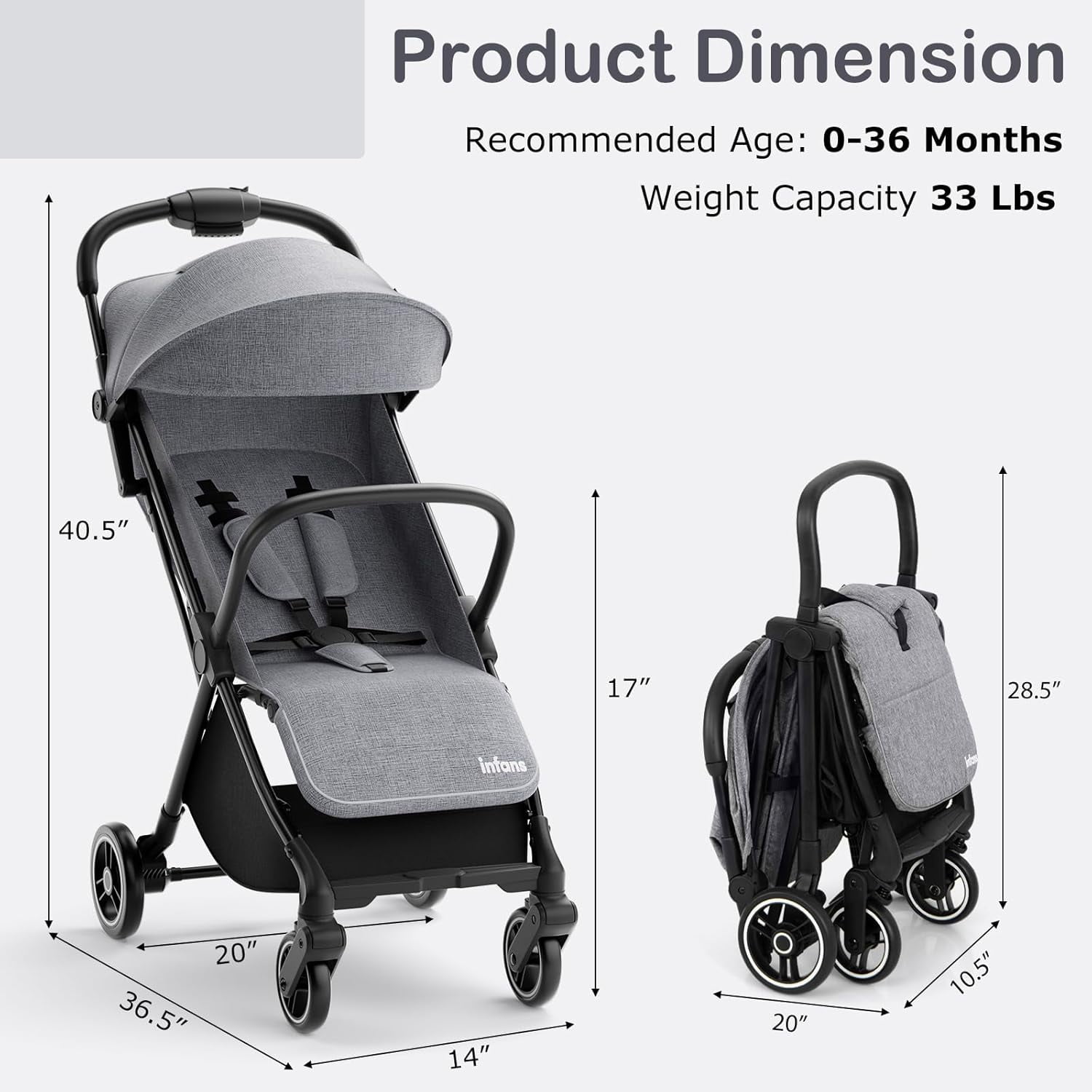 INFANS Lightweight Baby Stroller, 1 Second Fold, Compact Travel Stroller for Airplane with Aluminium Frame, Adjustable Backrest and Canopy, Foldable Infant Toddler Stroller
