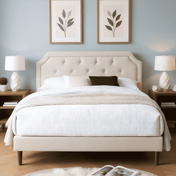 BSHTI Queen-Size Upholstered Platform Bed Frame,Heavy Duty Metal Platform, No Box Spring Needed, Easy Assembly,Beige