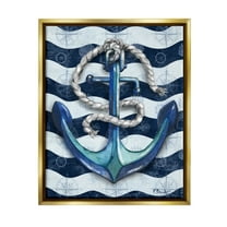 Stupell Industries Nautical Anchor Wavy Navy Stripes Graphic Art Metallic Gold Floating Framed Canvas Print Wall Art, Design by Paul Brent