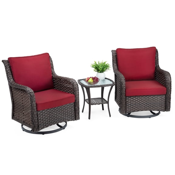 All-Weather Wicker Swivel Rocker Patio Bistro Set – 3-Piece Outdoor Set with 360° Rotating Rocking Chairs, High-quality Cushions & Tempered Glass Side Table – Rattan Furniture for Backyard – Red