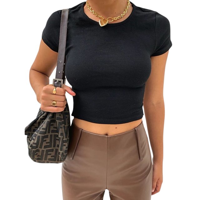 SUNSIOM Women's Rib Knit T-Shirts, Short Sleeve Lace-Up Backless Crop Tops