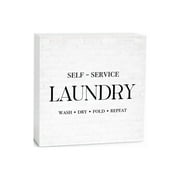 Self-Service Laundry White Tile 5 x 5 Wood Tabletop Sign Plaque