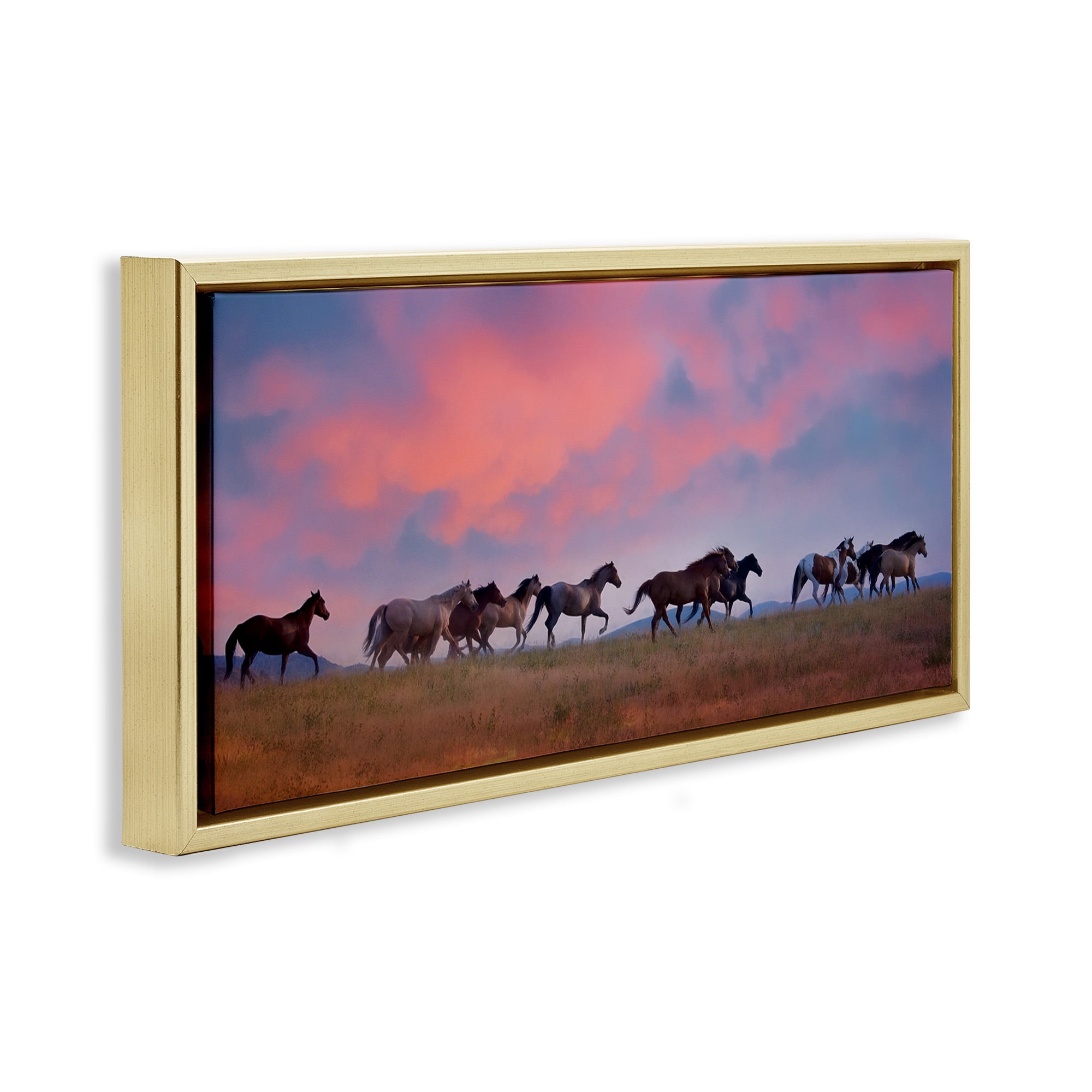 Stupell Industries Wild Horses at Sunset Animals & Insects Photography Gold Floater Framed Canvas Art Print Wall Art, 25 x 11