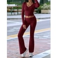 thumbnail image 4 of Women'S Workout 2 Piece Lounge Sets Long Sleeve Tops Foldover Flare Pants Casual Outfits Tracksuit Wine Red XS, 4 of 8