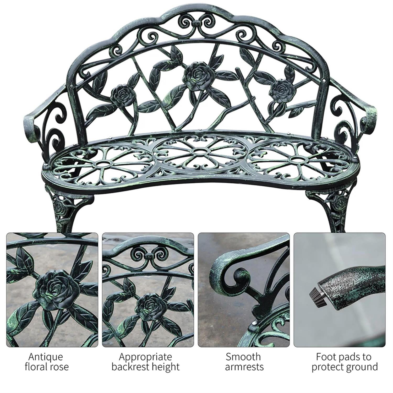 Demi Bonn Patio Garden Bench Metal Park Bench Cast Aluminum Outdoor Benches Furniture with Floral Rose & Antique Finish for Patio, Park, Lawn, Yard, Green