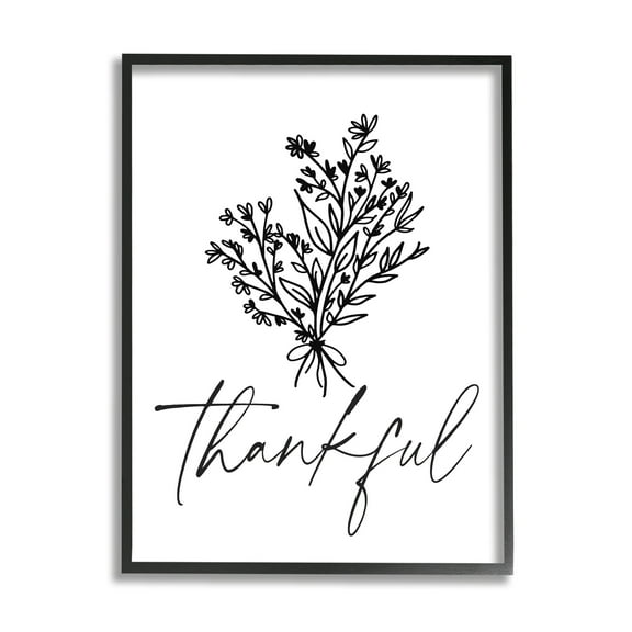 Stupell Industries Thankful Script Delicate Botanical Blooms Petals Bouquet Graphic Art Black Framed Art Print Wall Art, Design by Lettered and Lined