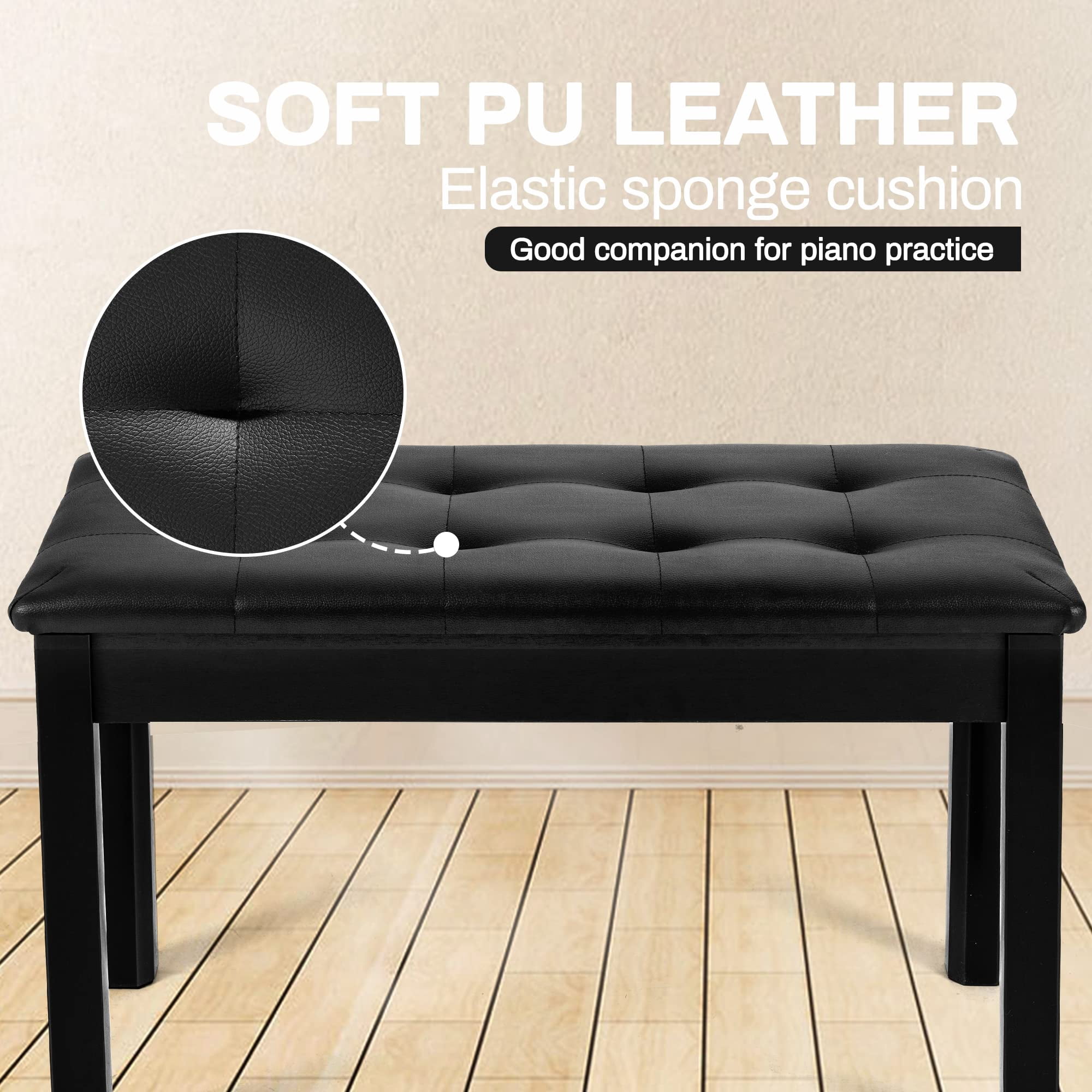 Piano Chair With Storage Stool And Upholstery Wooden Keyboard Duet Seat  Waterproof Non-slip Black