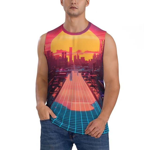 Balery Neon Sunset Cyberpunk Cityscape Camisetas sin mangas para hombre, absorbe la humedad y protege contra el mal olor.-Large