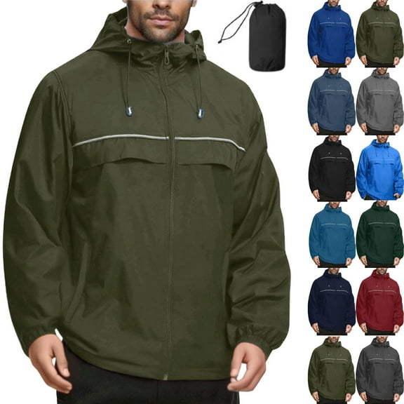 Zimjoy Big and Tall Windbreaker Jackets Mens M-5XL Packable Waterproof Rain Jacket Breathable Hooded Light Jackets for Men Adjustable Neckline Running Hoodies, Dark Green L