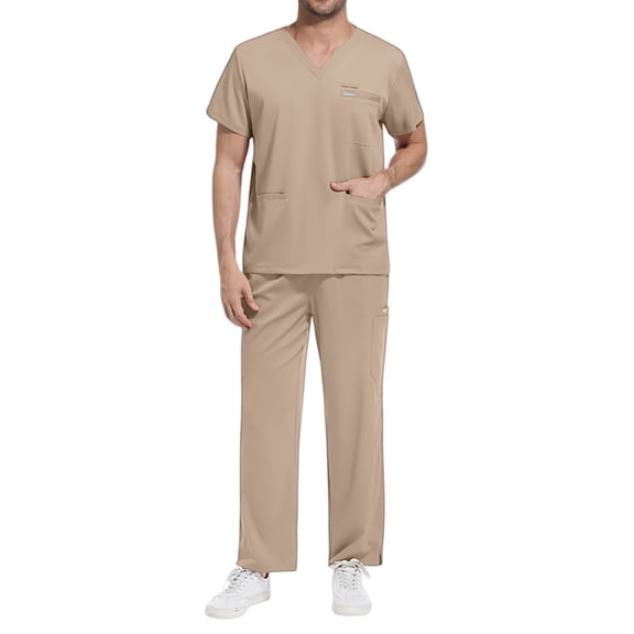 Mens Scrubs Set 2026 Spring Summer V-Neck Scrub Top and Jogger Pants Stretch Nursing Scrubs Set Quick Dry Uniform Suits with Multi Pocket for Nurse Esthetician Beige 2XL