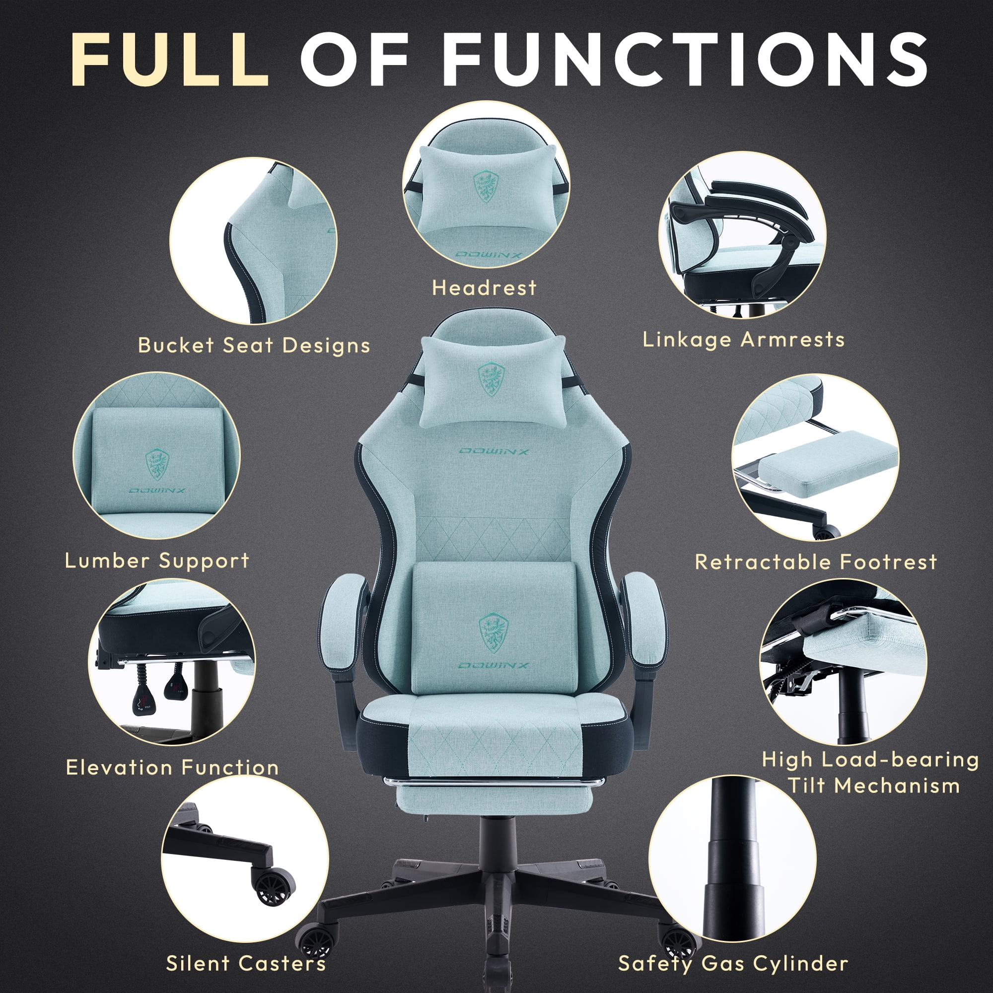 Dowinx Fabric Gaming Chair with Massage Lumbar Support, High Back Ergonomic Computer Chair with Footrest for Adult, Aqua