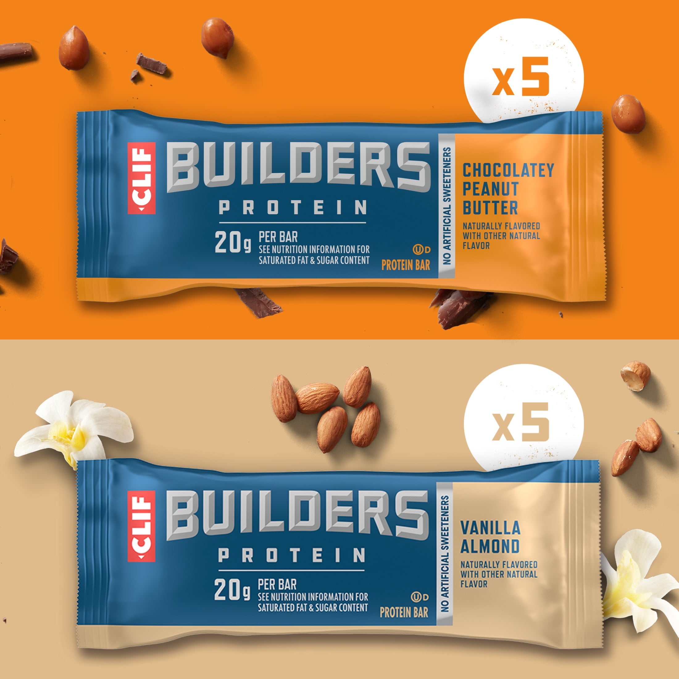 CLIF BUILDERS Protein Bars Variety Pack, 2 Flavors, Plant Protein, Gluten Free Bars, 10ct