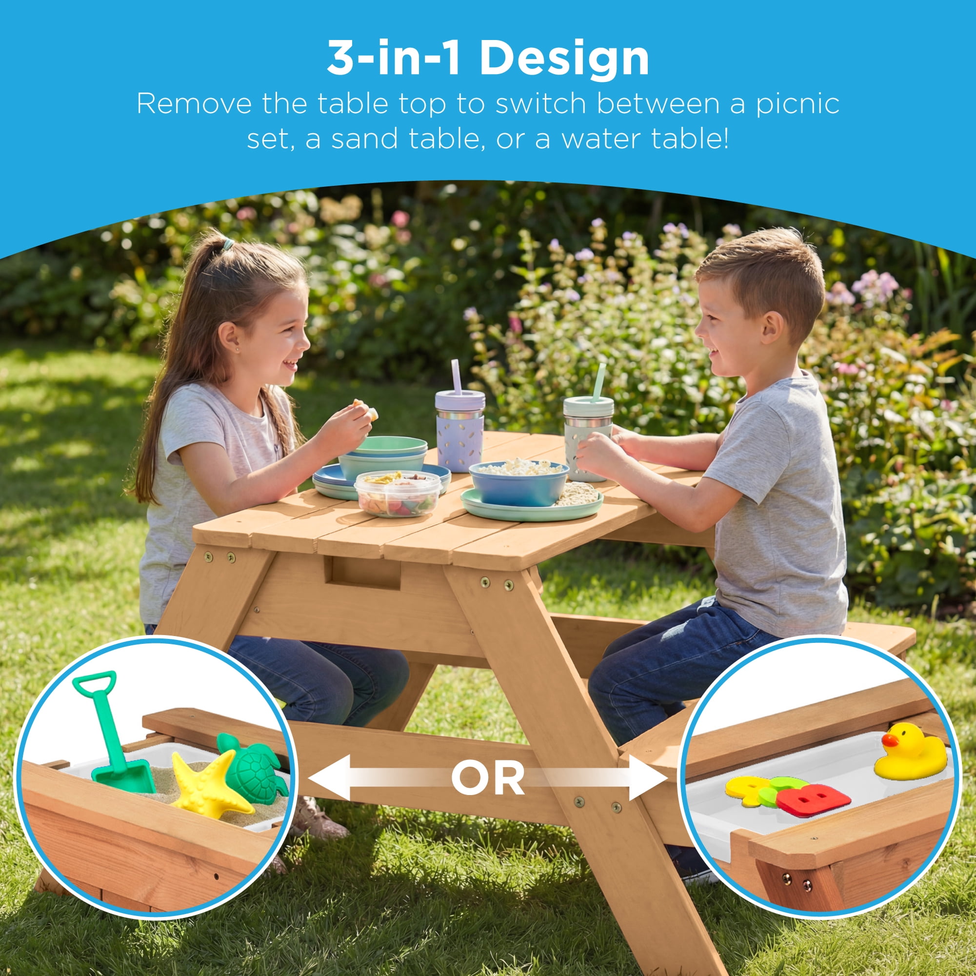 Best Choice Products Kids 3-in-1 Outdoor Sand and Water Activity Picnic Table with Umbrella - Natural/Dark Pink