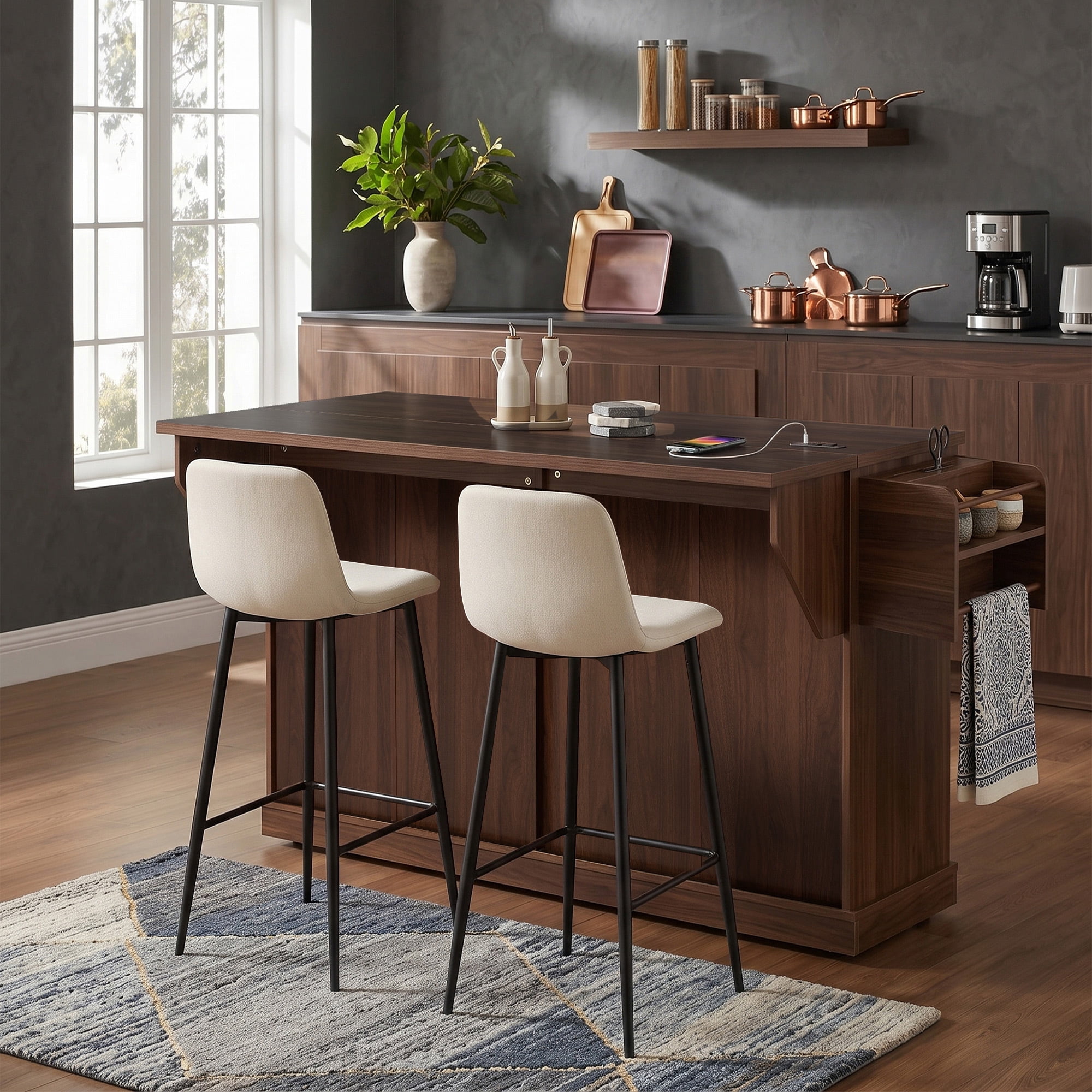 Euroco 65" Kitchen Island with Storage & Drop Leaf, Rolling Kitchen Cart on Wheels with Arched Glass Doors,4 Drawers, Spice Rack & Towel Rack,Portable Island Table for Dining Room,Walnut Brown