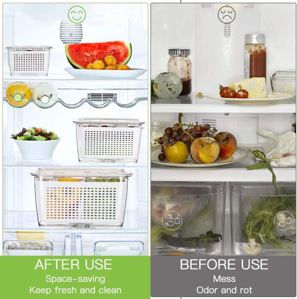 Wavelux Produce Saver Containers for Refrigerator, Food Fruit Vegetables Storage, 3 Pcs Stackable Freezer Fridge Organizer, Fresh Keeper Drawer Bin