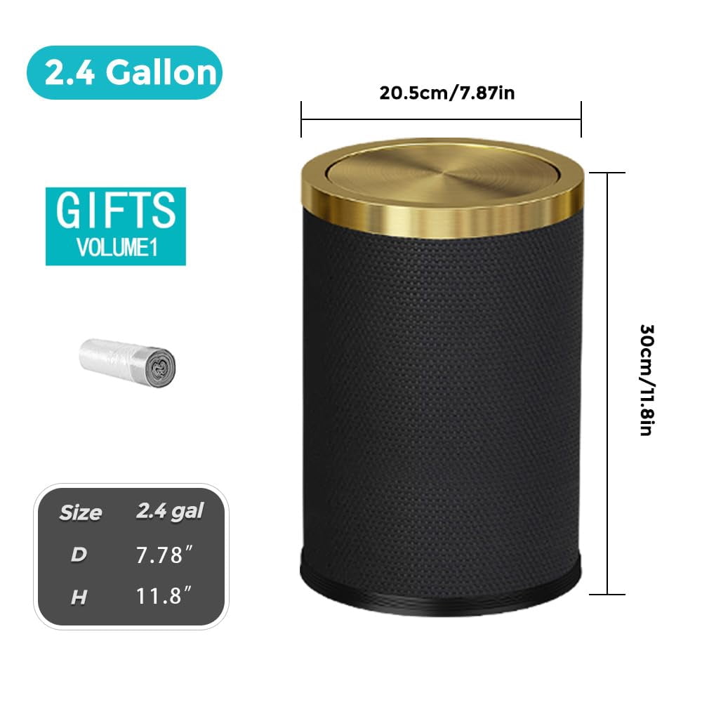 2.4 Gallon Bathroom Trash Can with Lid, Pu Leather Modern Garbage Can, Round Decorative Waste Basket, for Near Desk, Powder, Bedroom, Hotel, Office, Home