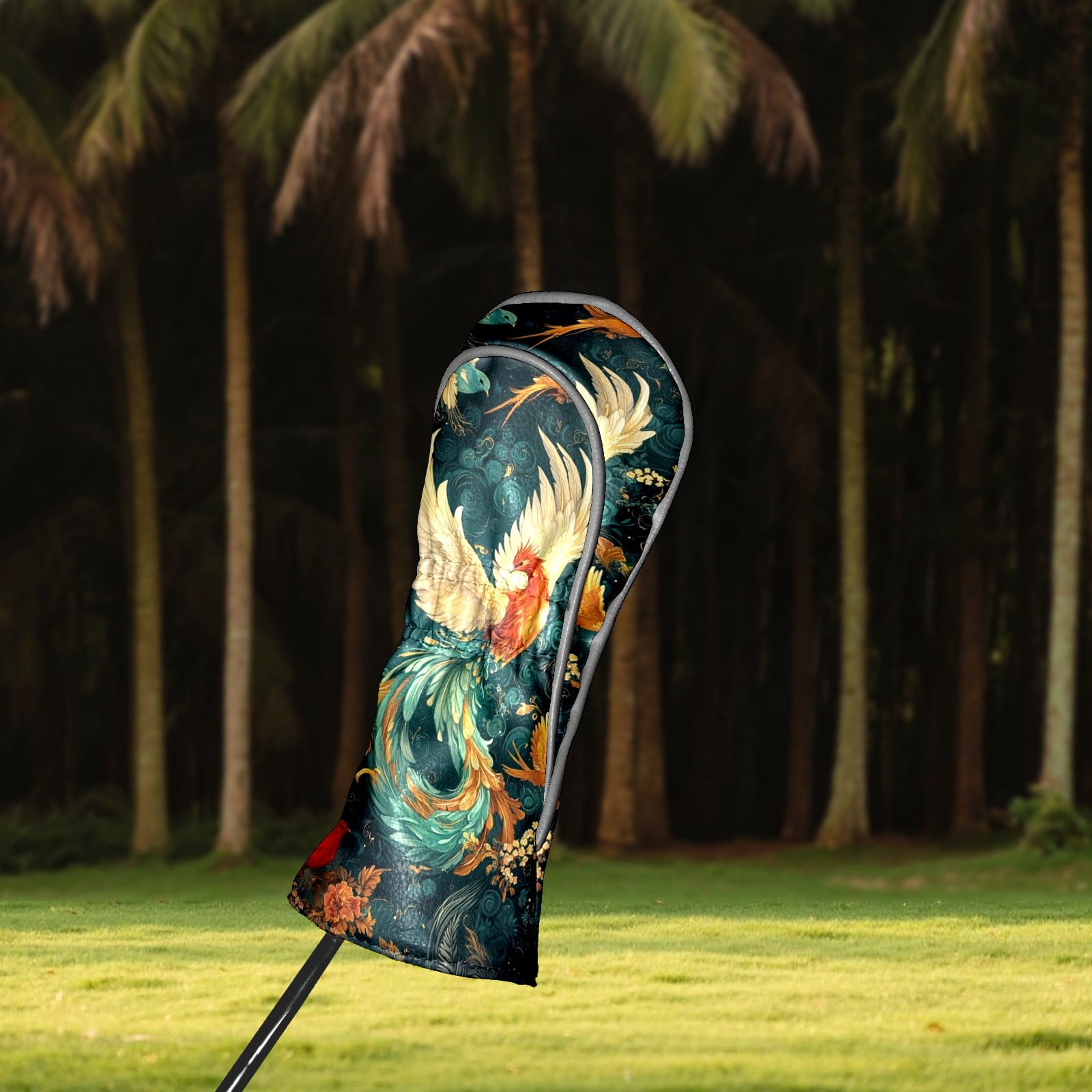 Golf Head Covers Colorful Phoenix Design for Driver, Wood & Hybrid, Premium Waterproof PU Leather with Plush Lining, Mythical Bird Golf Gifts