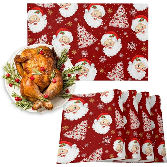 Red Christmas Placemats Set of 4, Santa Claus Merry Christmas Tree Heat Resistant Washable Table Place Mats Winter Snowflake Cotton Table Linens Party Holiday Decor for Kitchen Dining Outdoor Indoor