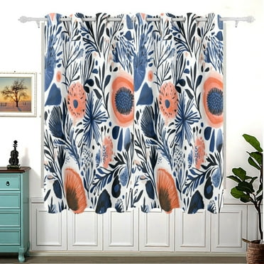 Navy Blue Floral Pattern Thermal Blackout Curtains 63x55 Inch 2 Panels Grommet Window Drapes for Bedroom Living Room