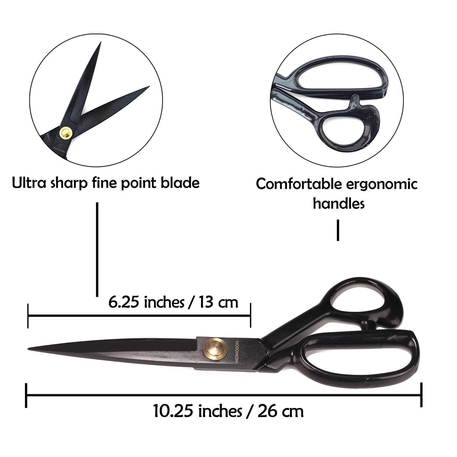 JubileeYarn Professional Fabric Scissors - Heavy Duty Carbon Steel - Multi Purpose Shears for Sewing Leather Tailor Dressmaking Craft - 10" Black - 1 Pair