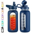 thumbnail image 1 of Botella de agua CIVAGO de vidrio de 950 ml con pajita, asa y 2 tapas, color azul marino, 1 of 7